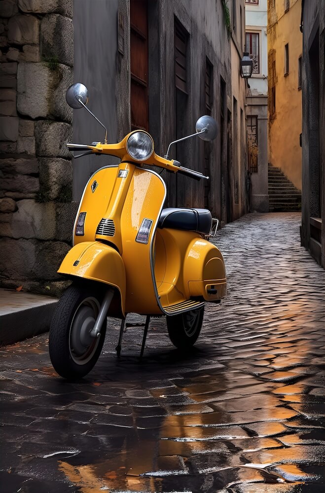 an-old-yellow-scooter-parked-on-a-cobblestone-street