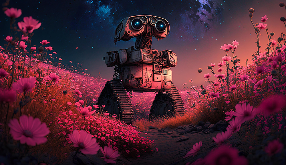 wall-e-in-the-middle-of-pink-blooming-flowers