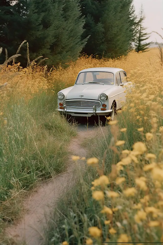 old-car-driving-down-the-path-in-the-background-of-the-grass