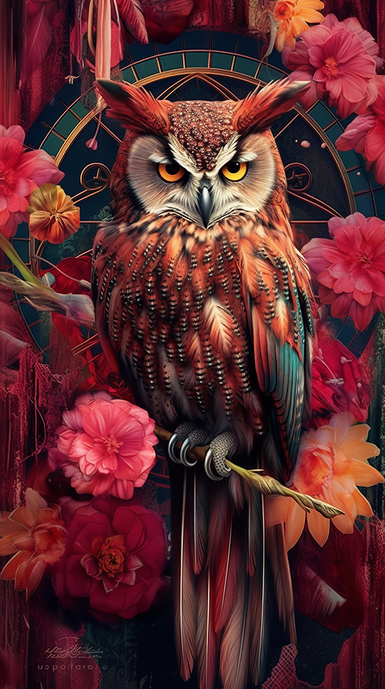 an-owl-with-dreamcatcher-sitting-on-a-big-red-flower