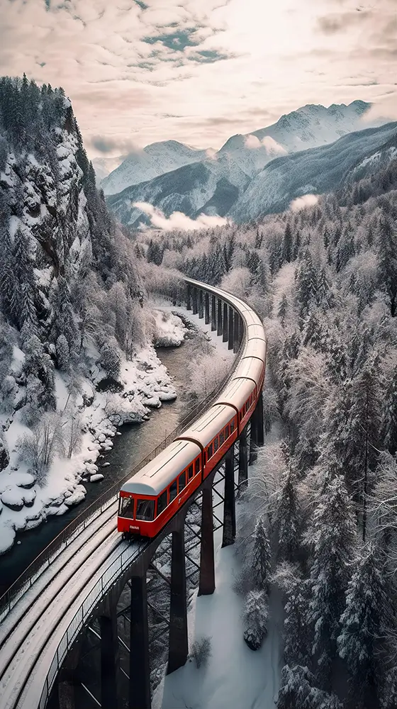 red-train-on-a-bridge-in-the-snow-covered-mountains