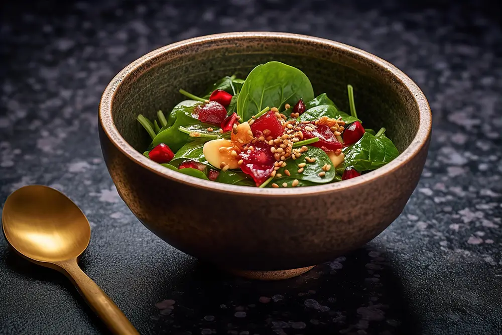 bowl-containing-a-salad-on-a-table-in-the-style-of-red-and-emerald