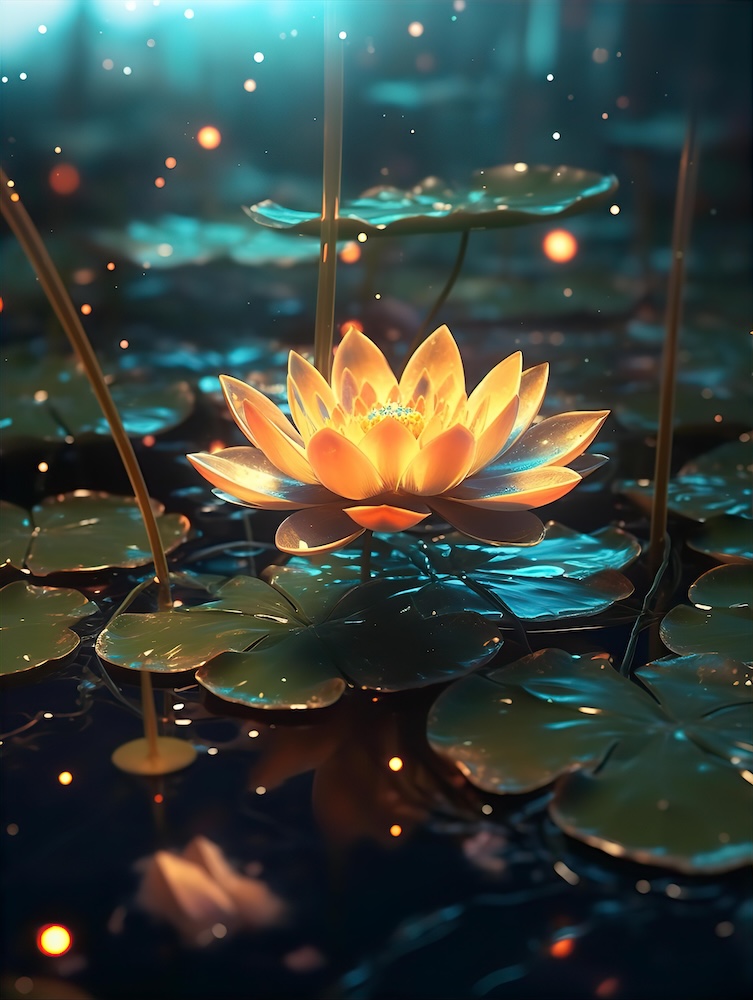 golden-lotus-flower-is-floating-above-many-lily-pads