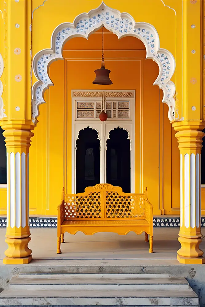 yellow-building-with-a-bench-in-the-style-of-indian-motifs