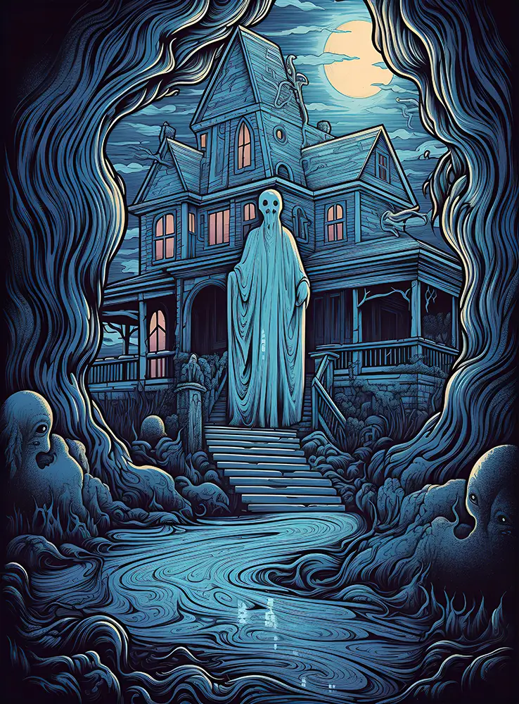 illustration-of-a-ghost-in-front-of-a-house-at-night