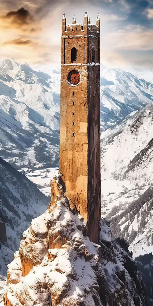 ancient-tower-over-high-cliff-in-winter-mountains