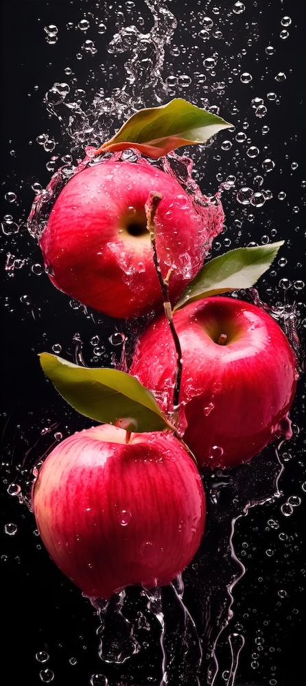 two-apples-splashed-in-the-water-with-leaves