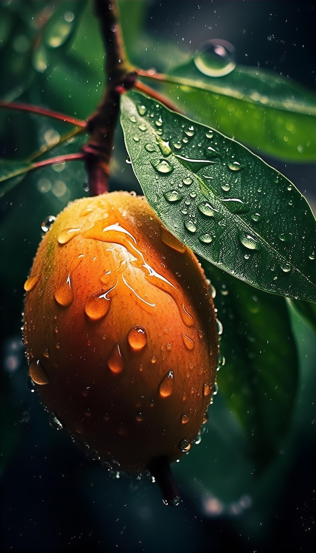 mangos-on-a-leaf-with-water-drops