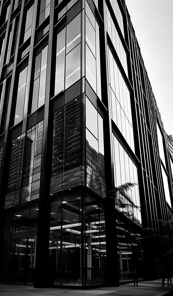 black-and-white-picture-of-a-building-with-glass-on-it