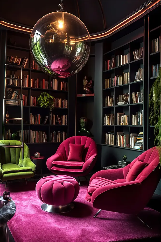 cerise-and-chartreuse-home-library-with-dark-gray-walls