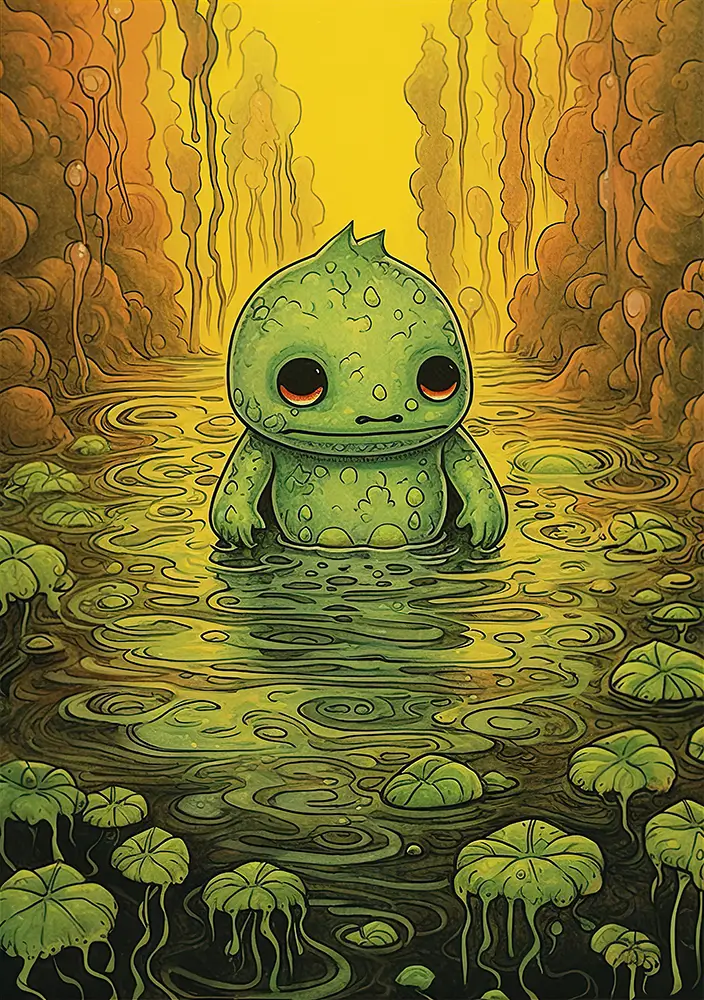 small-green-cartoon-creature-in-the-middle-of-a-water