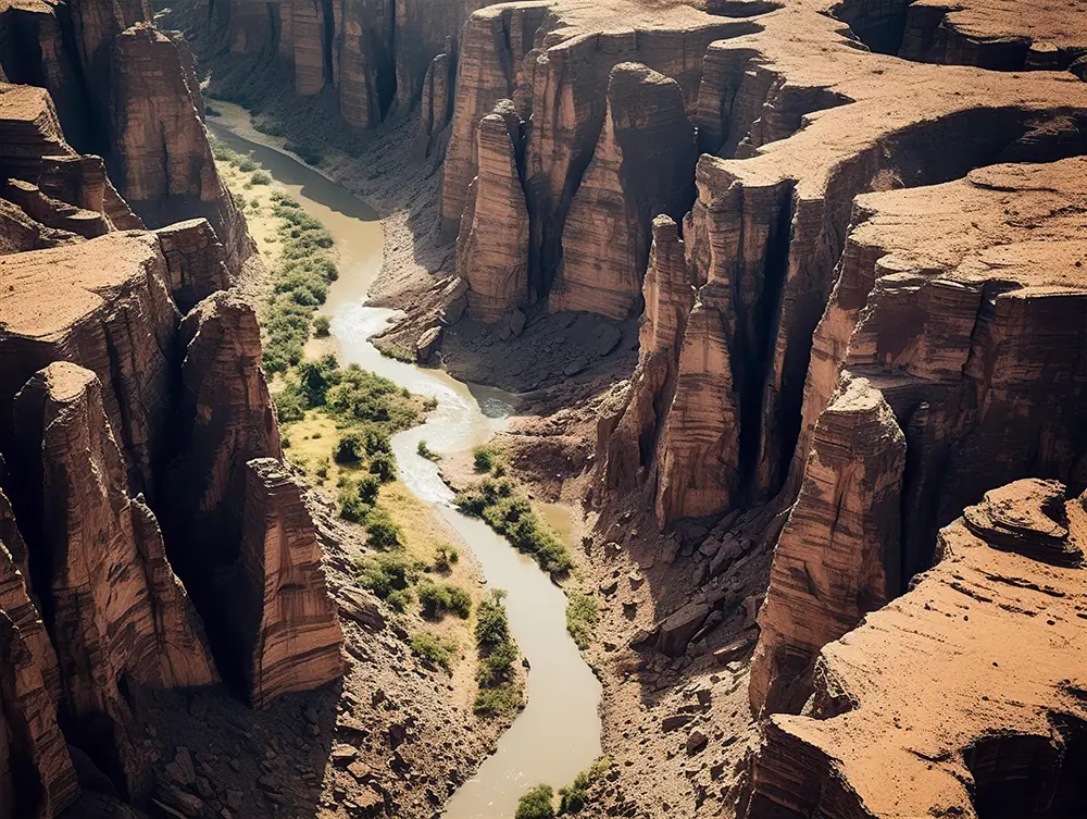an-aerial-view-of-a-canyon-with-rocks-and-a-river-behind-it