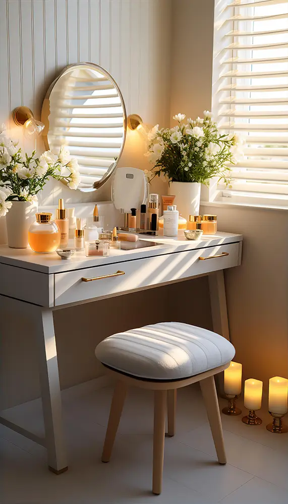 an-elegant-vanity-and-stool-on-white-background