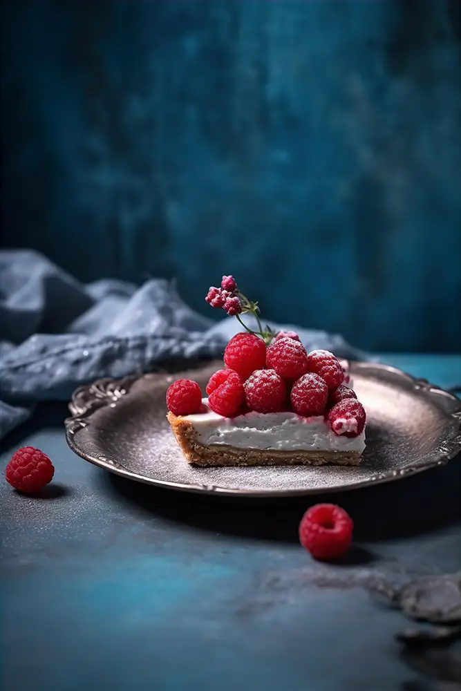 crisp-raspberry-pie-on-top-of-a-blue-dish-and-small-flower