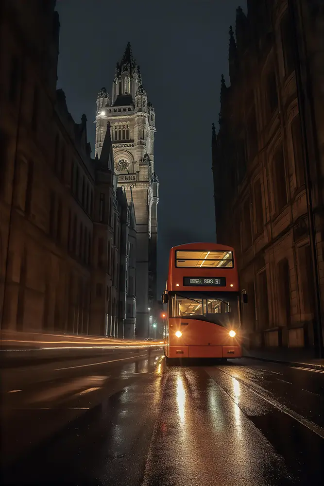 front-of-bus-driving-down-street-in-evening