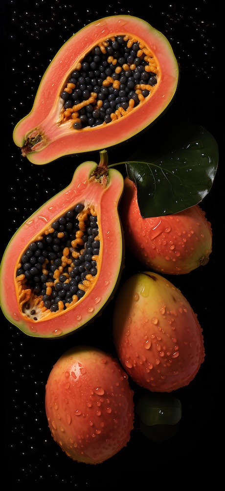 papaya-fruits-are-shown-sitting-on-a-black-surface