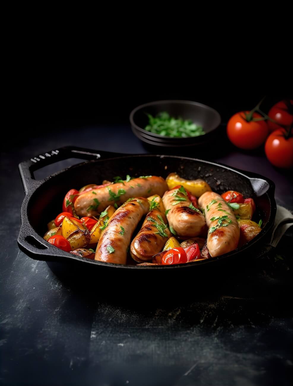 sausages-tomato-and-herbs-in-a-cast-iron-pan