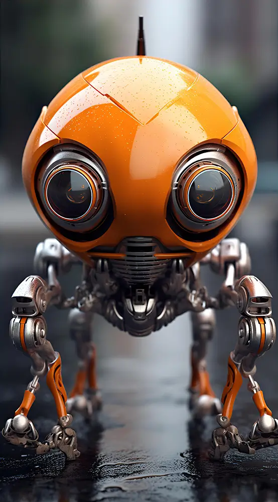 the-orange-alien-looking-robot-with-four-wheels-on-it