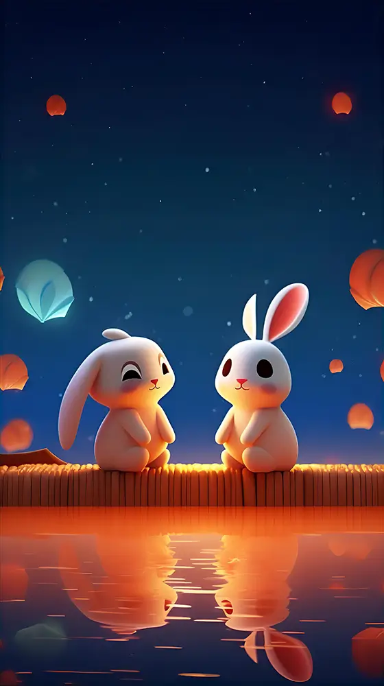 two-animated-bunnies-sitting-on-a-dock-at-night
