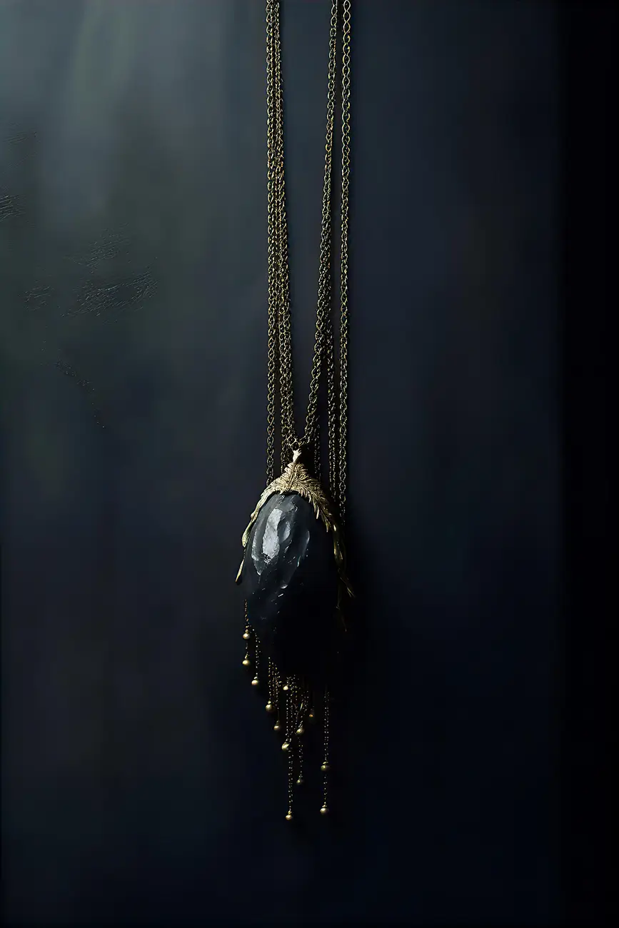 black-stone-pendant-hanging-from-gold-chain-on-the-wall