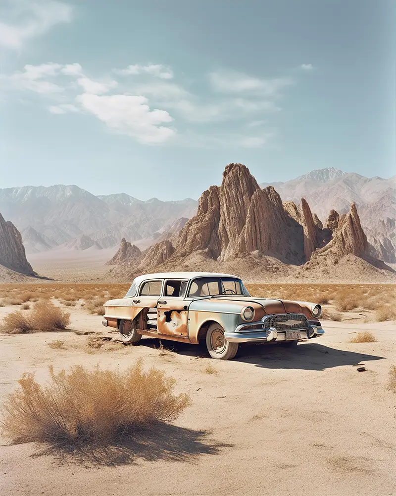 a-car-in-a-desert-in-the-style-of-mountainous-vistas