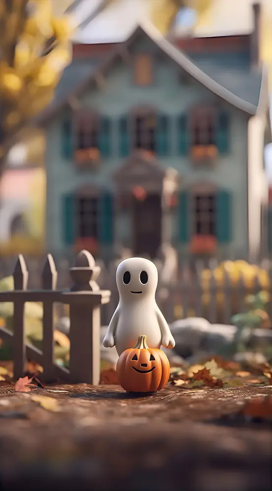 a-small-cute-cartoon-ghost-standing-in-front-of-a-house