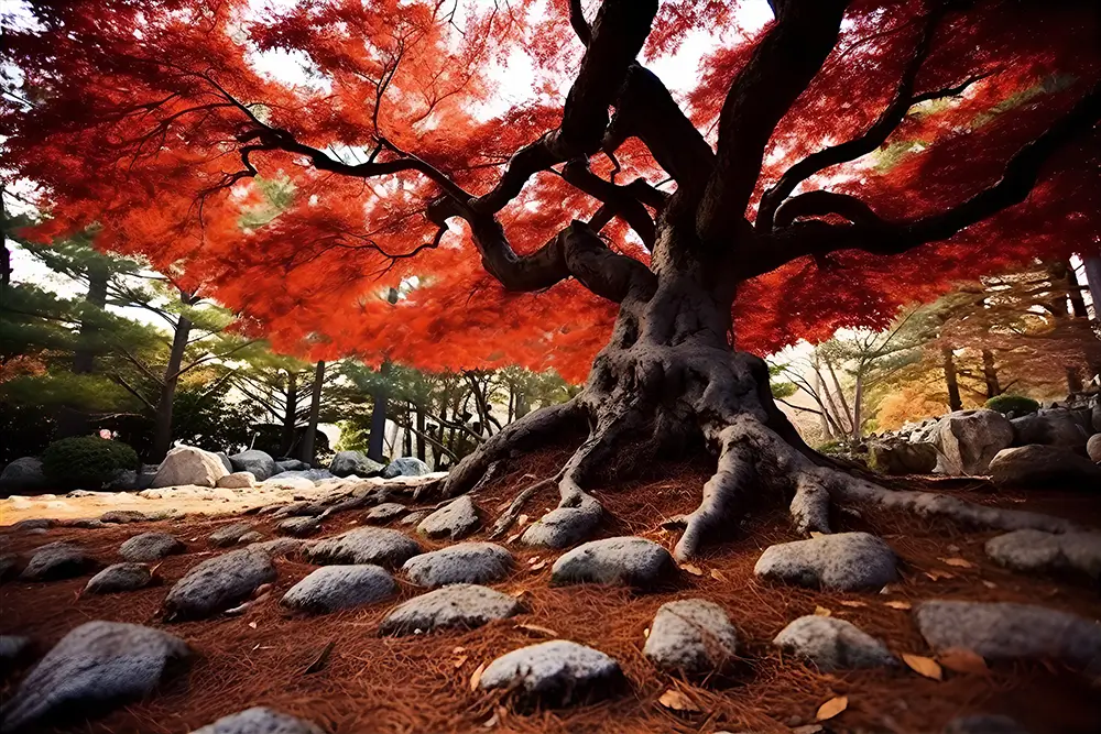 a-tree-with-red-leaves-on-the-ground