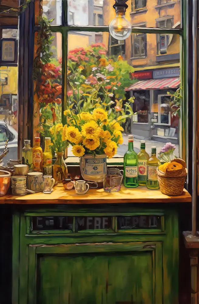 a-window-storefront-with-a-sign-saying-flowers-and-a-drink
