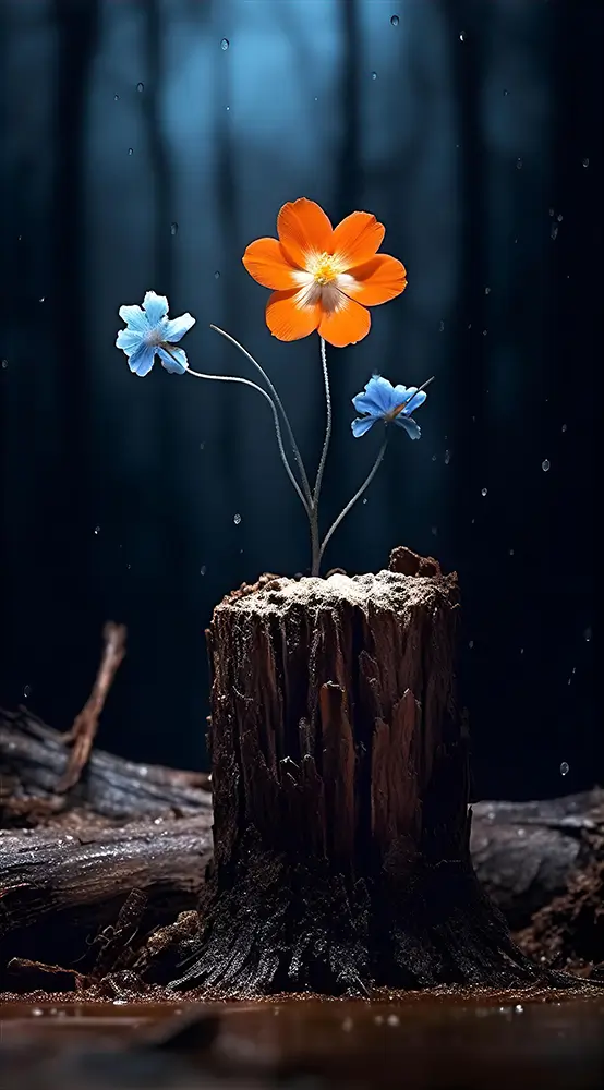 blue-flower-and-white-flower-on-stump-in-tree