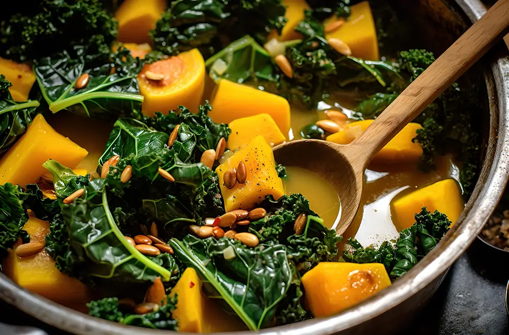 cooked-squash-and-kale-in-a-pan-with-spoons