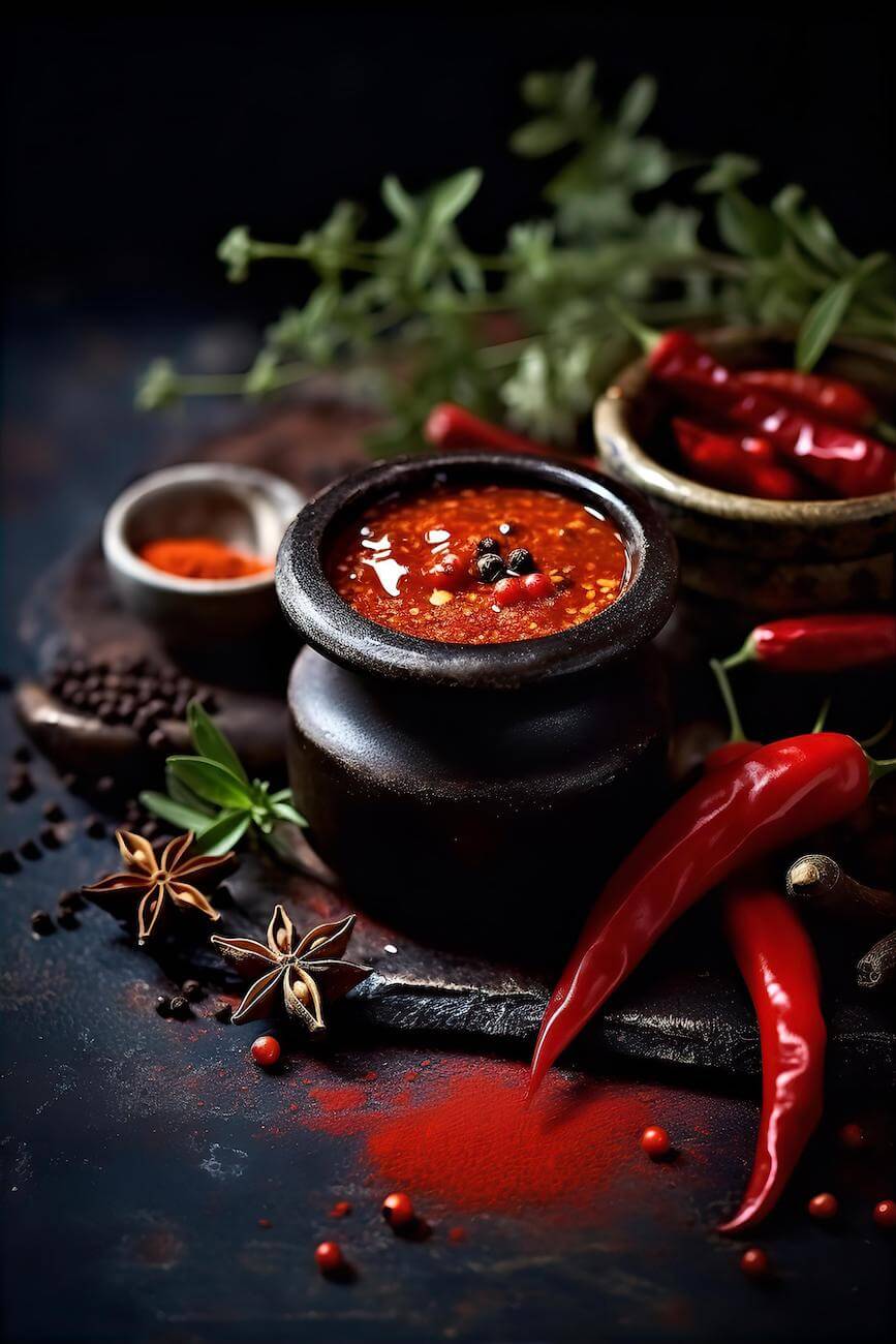 red-and-chili-sauce-with-spices-and-seasoning-on-black-grunge