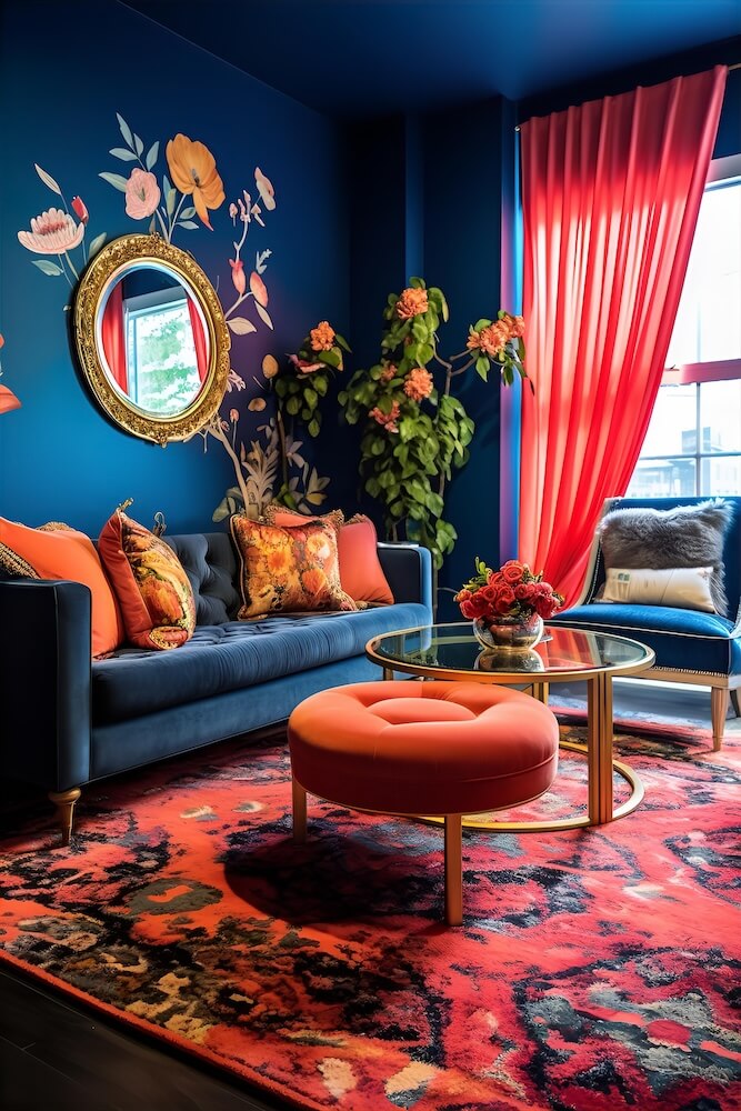 blue-room-with-bright-red-rugs-and-colorful-decor