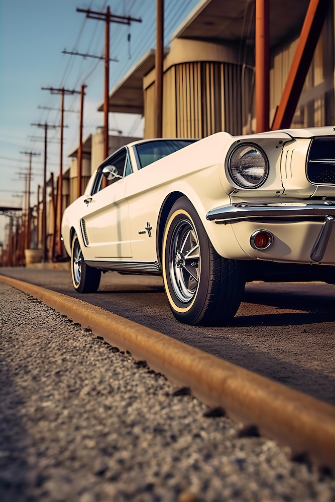 white-mustang-with-tires-parked-near-a-fence