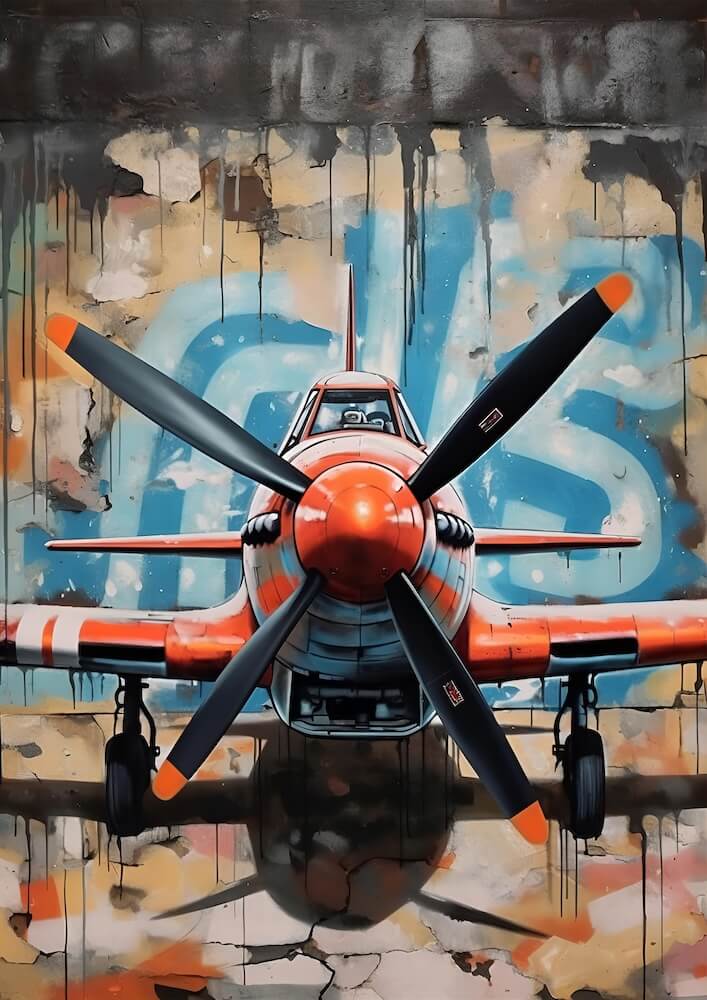 framed-painting-of-an-orange-plane-with-a-propeller