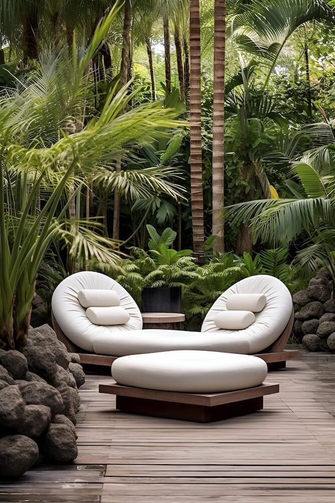 two-white-loungers-sitting-on-a-wooden-deck-near-tropical-plants