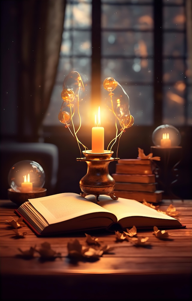 book-with-candles-on-table-and-a-lightbulb-floating-above-it