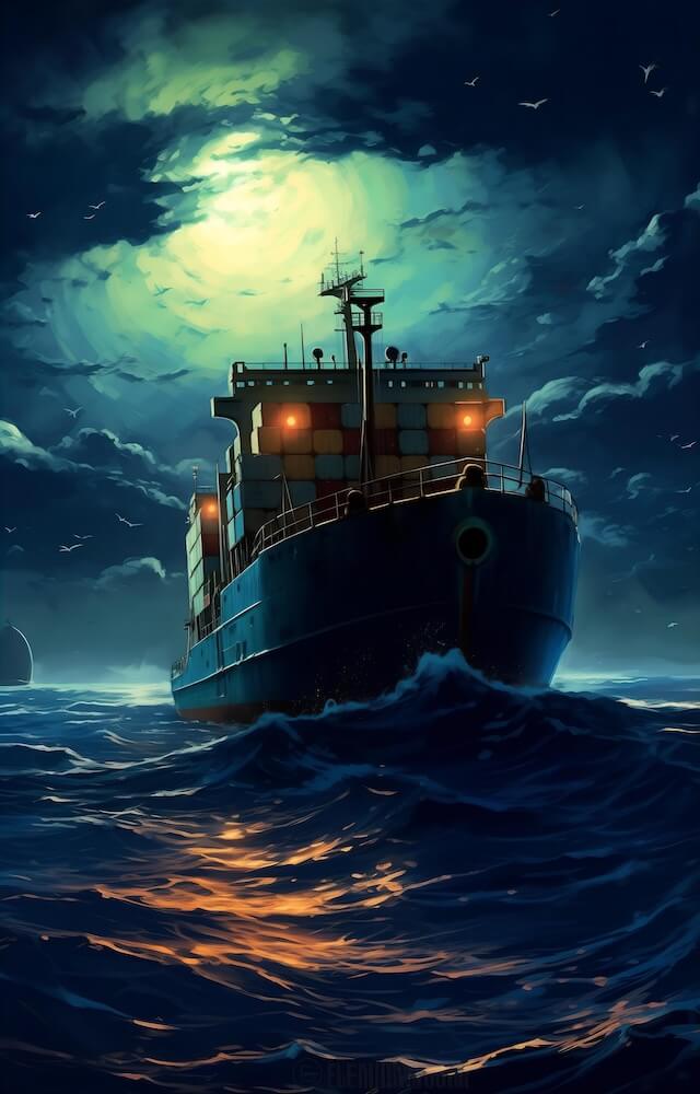 comic-book-style-of-a-cargo-ship-sailing-through-the-sea