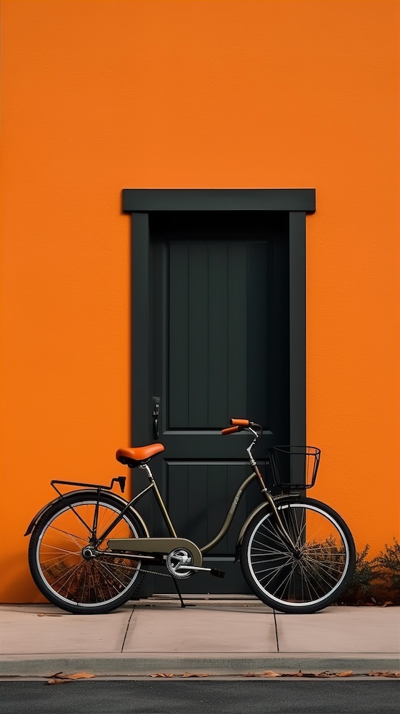 black-bike-is-parked-in-the-front-yard-next-to-an-orange-wall