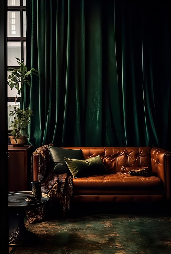 brown-leather-couch-in-a-living-room-with-green-curtains