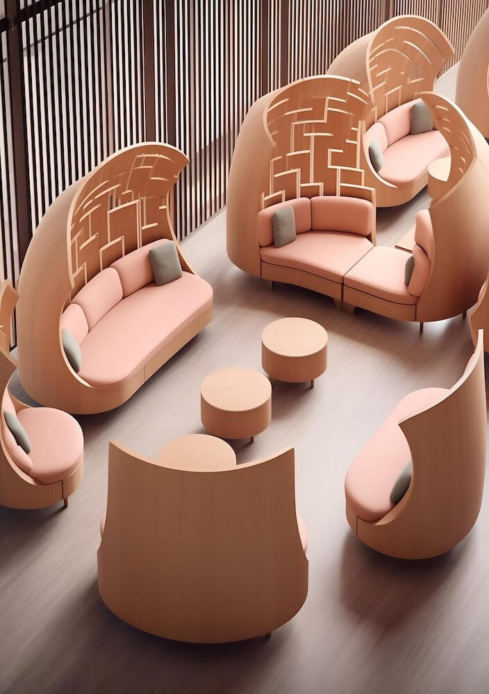a-series-of-spiral-chairs-that-are-arranged-next-to-a-circular-booth