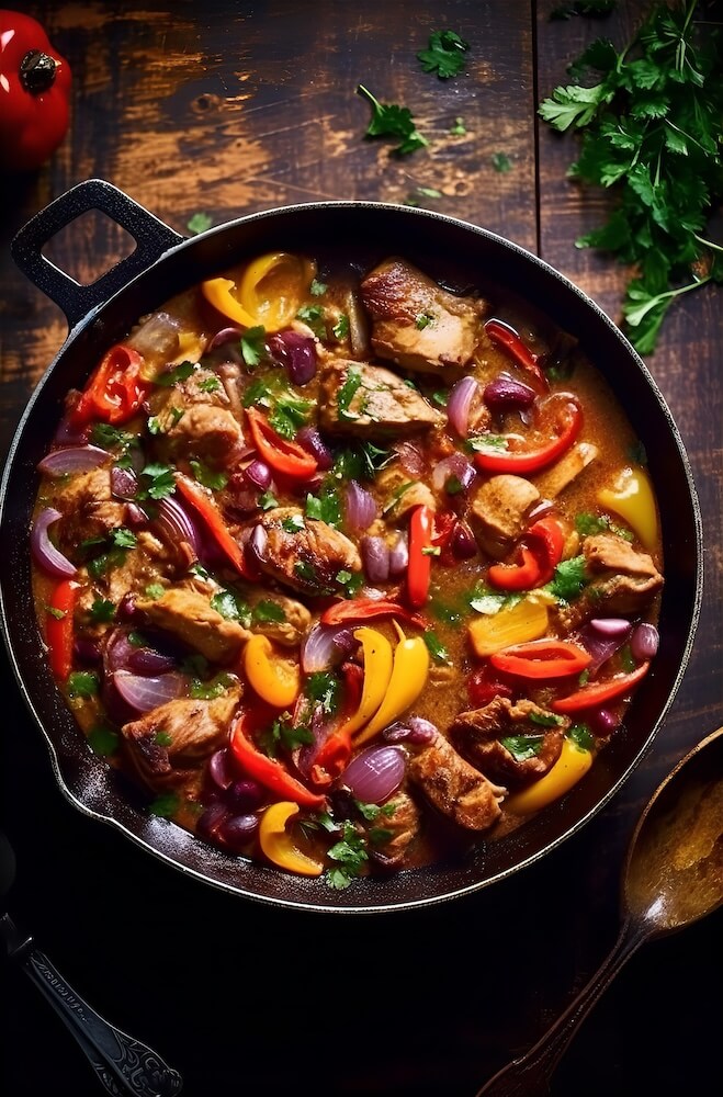 skillet-of-chicken-stew-in-a-skillet-in-the-style-of-light-purple-and-gold