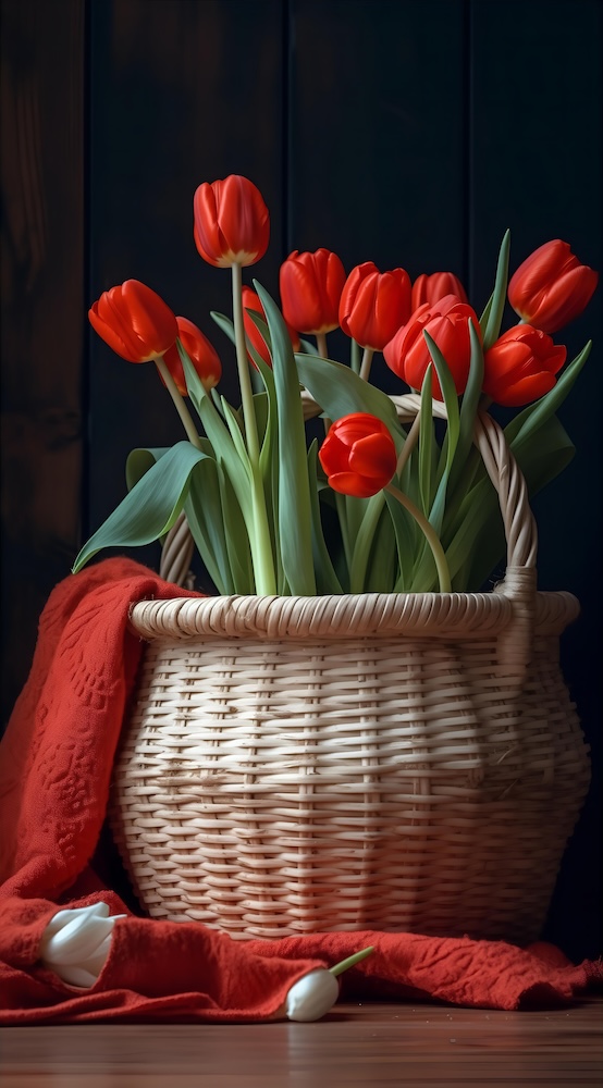 white-basket-holding-tulips-in-it-on-a-wooden-board