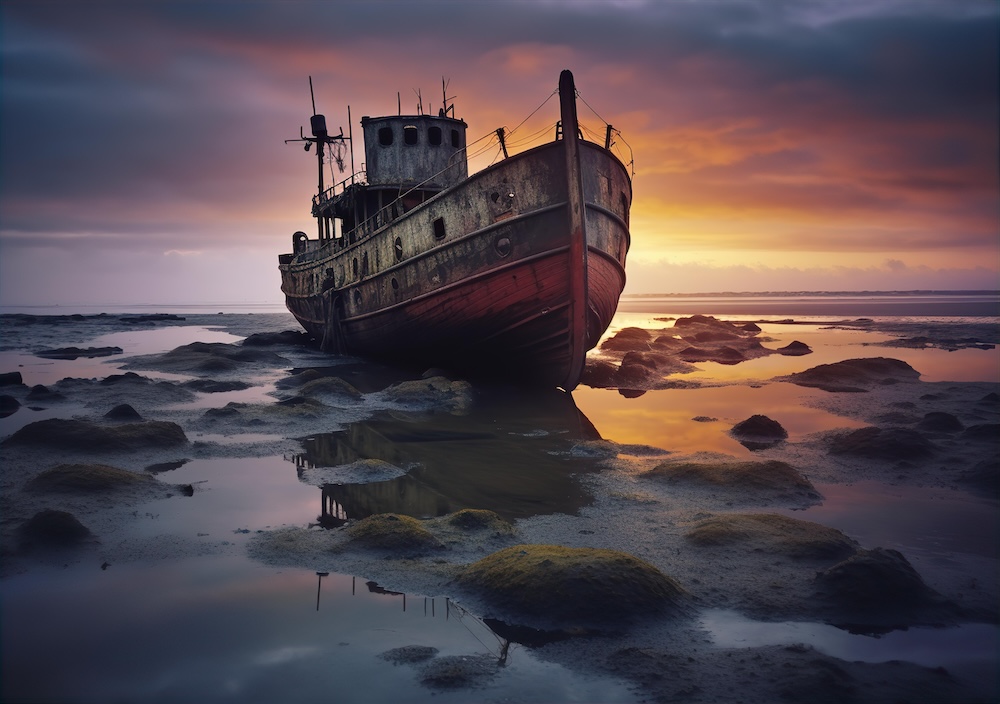 old-wooden-boat-at-low-tide-at-sunset