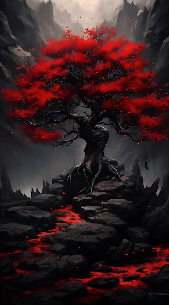 dark-black-and-crimson-image-of-an-autumn-tree-sitting-on-rocks