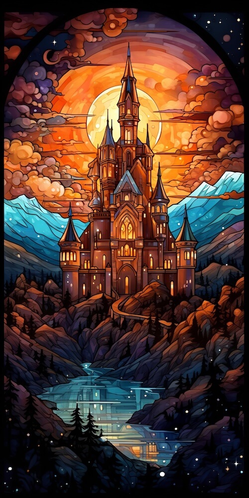 stained-glass-castle-on-a-mountainside-with-starlight