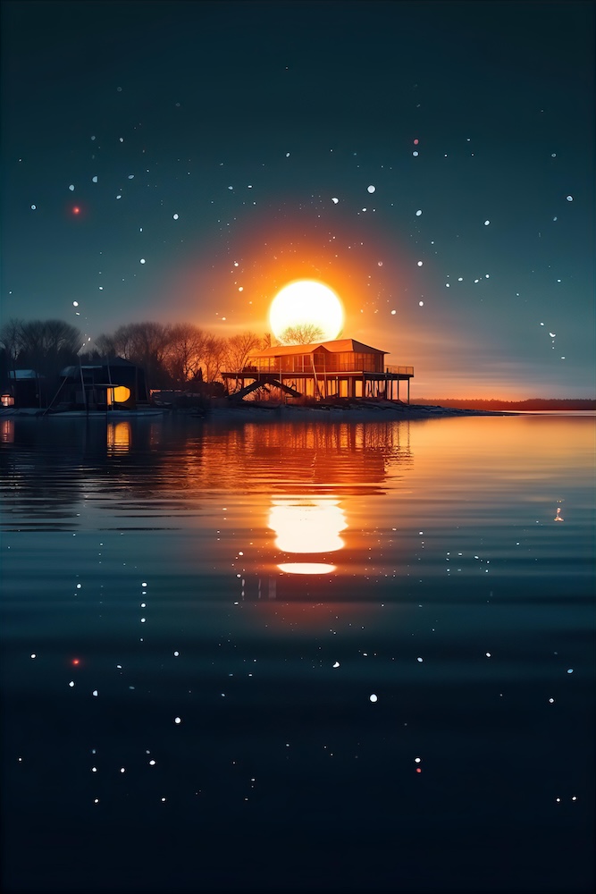 earth-with-the-moon-seen-in-a-lake-during-sunset
