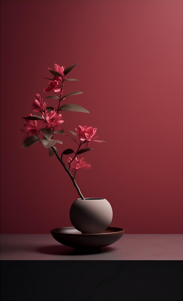 flowering-japanese-plant-in-a-vase-on-a-red-table