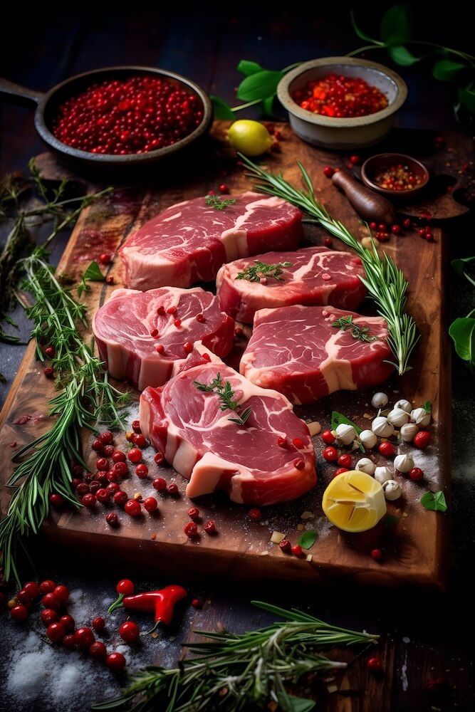 fresh-cuts-of-meat-on-a-board-with-garlic-and-herbs