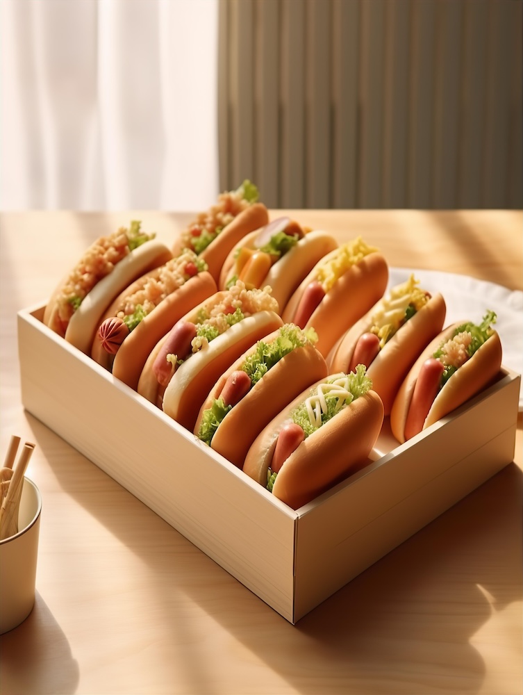 hot-dog-boxes-are-sitting-on-a-wooden-tray-in-the-style-of-booru