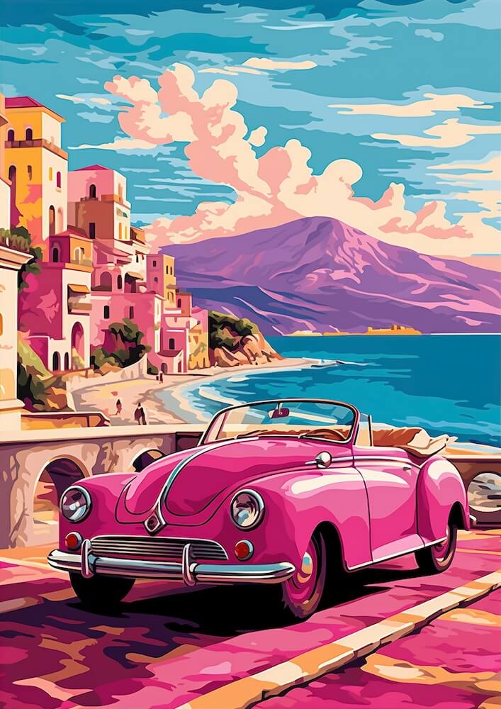 classical-architecture-paint-of-a-pink-car-on-a-beach
